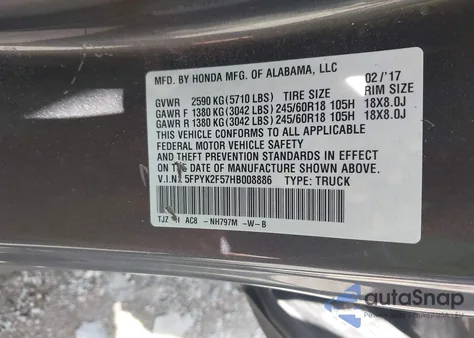 2017 Honda Ridgeline Rtl from USA, damaged, VIN 5FPYK2F57HB008886